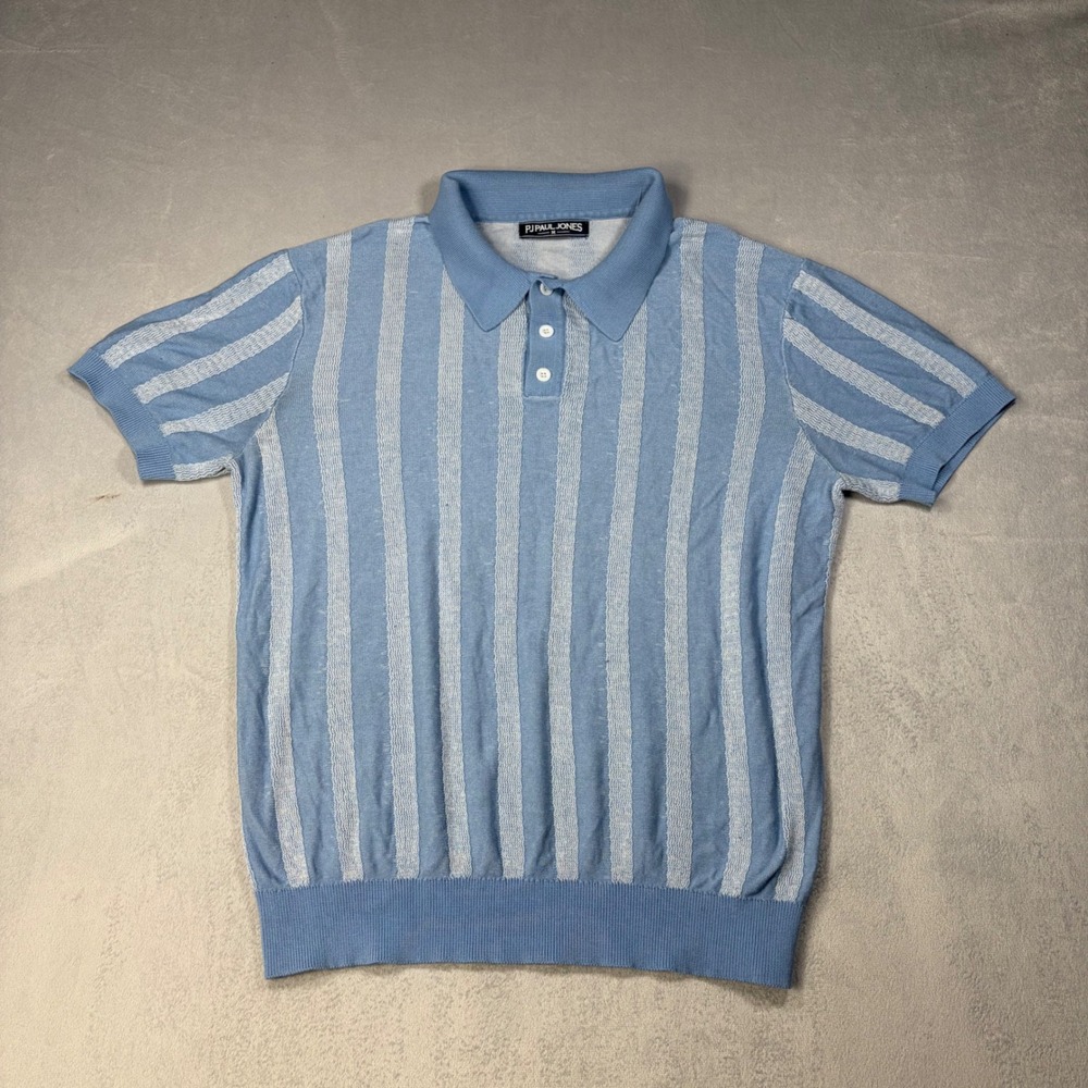 PJ Paul Jones Mens Blue White Striped Knit Polo Shirt Short Sleeve Size M